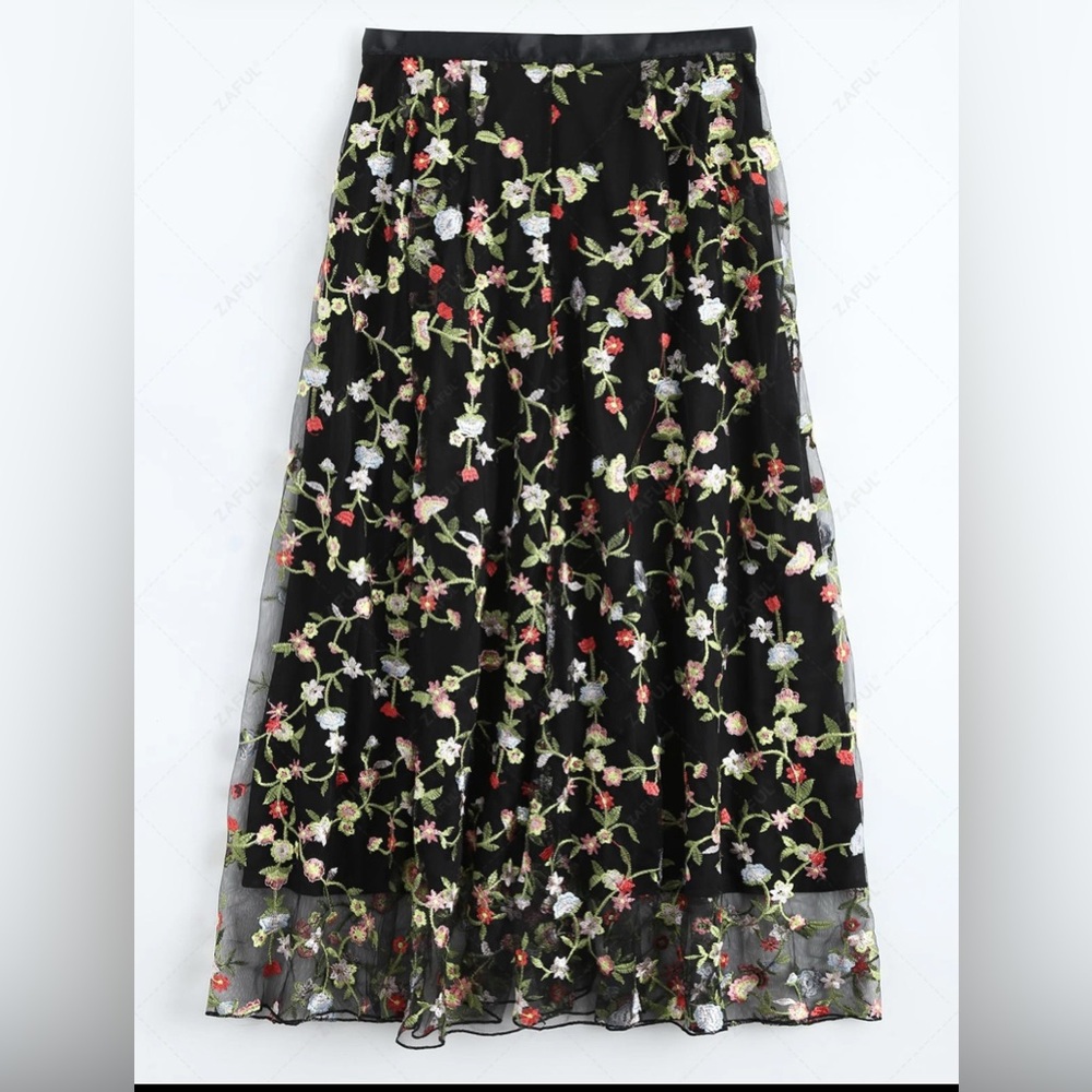 H&M floral embroidered tulle skirt in Black